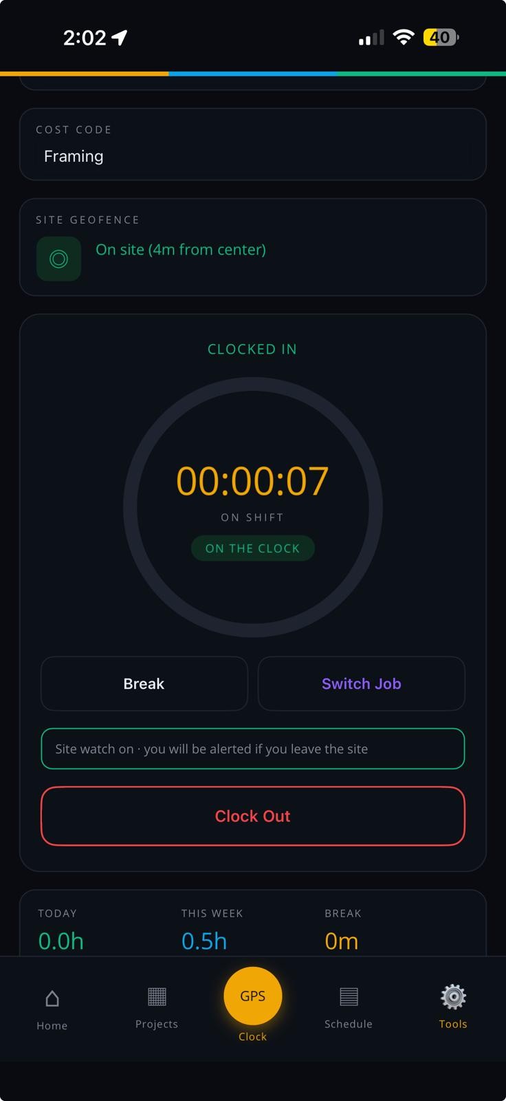 Mezano CM crew app clocked in on site with site watch on
